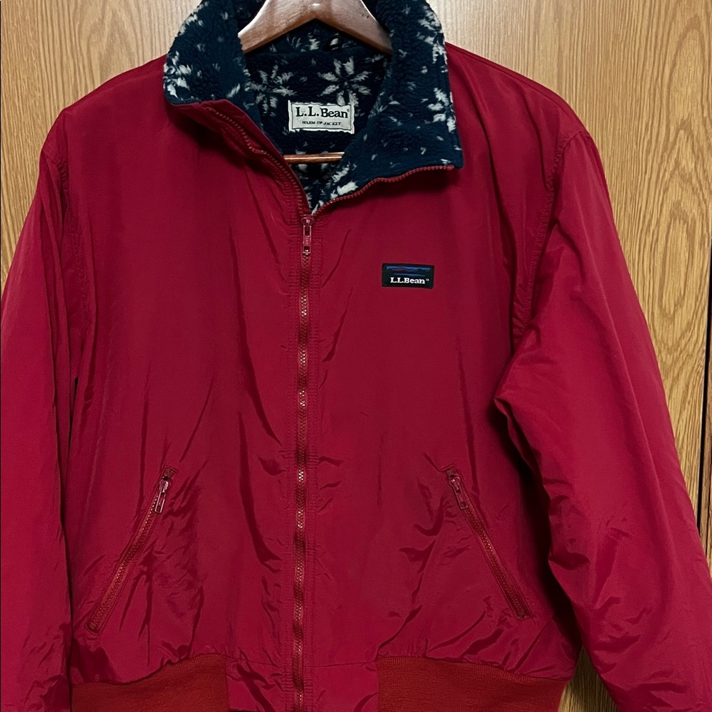 L.L. Bean Red Jacket with blue snowflake fleece lining
